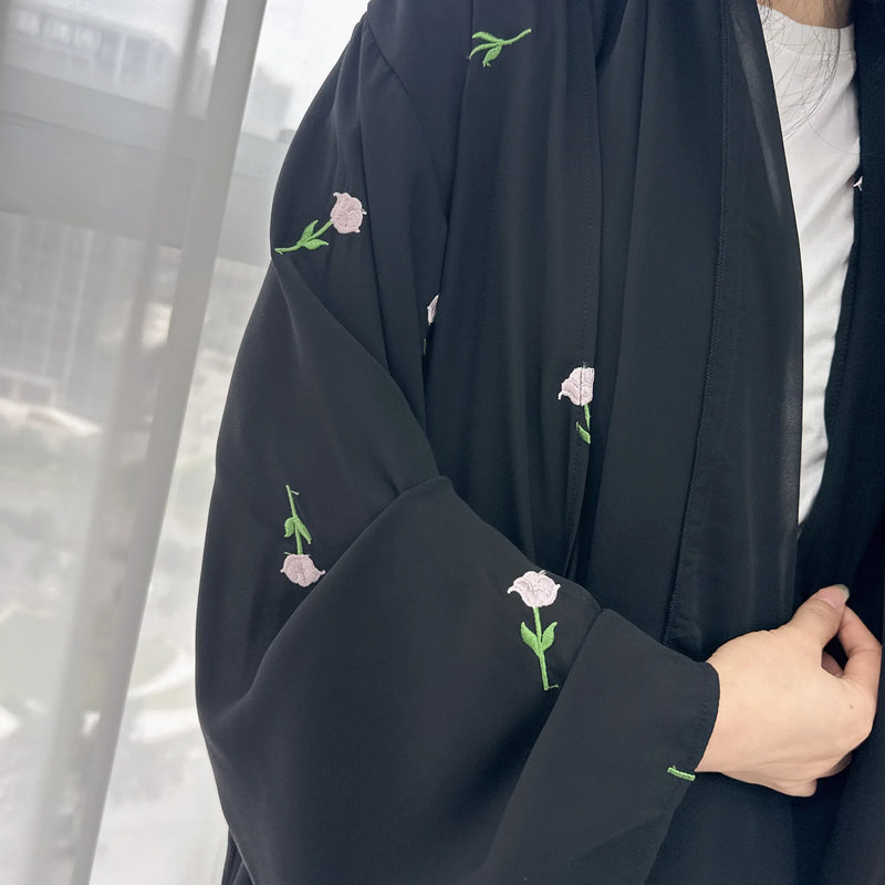 New Black Embroidered Kimono Abaya