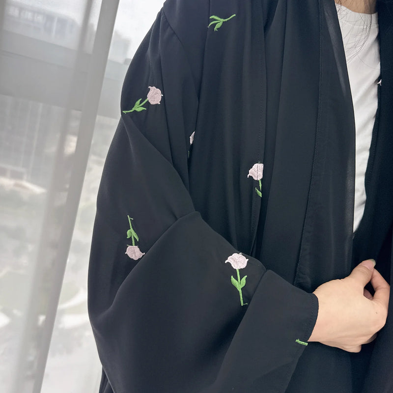 New Black Embroidered Kimono Abaya