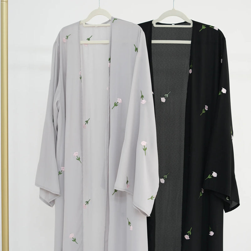 New Black Embroidered Kimono Abaya