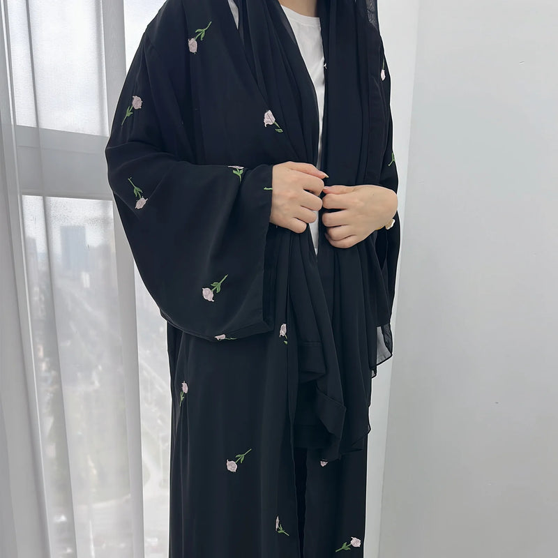 New Black Embroidered Kimono Abaya