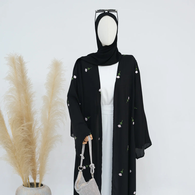 New Black Embroidered Kimono Abaya