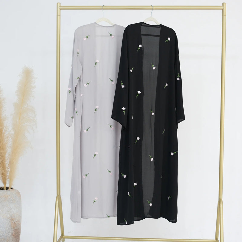 New Black Embroidered Kimono Abaya