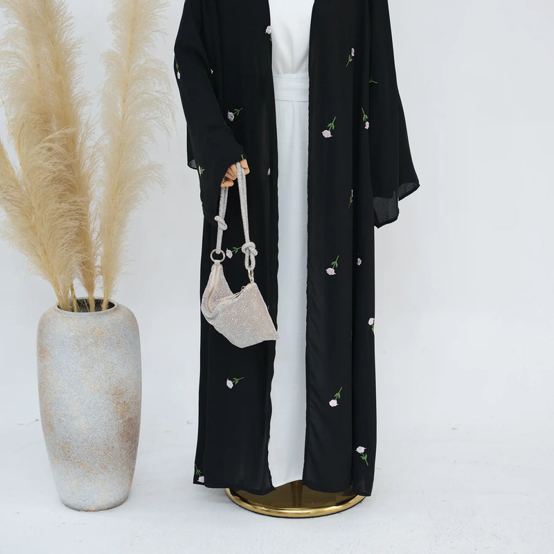 New Black Embroidered Kimono Abaya