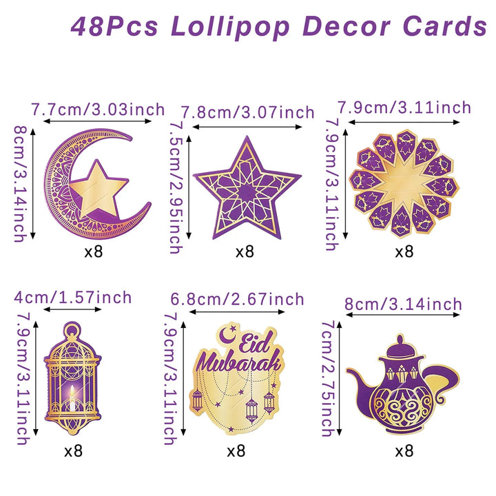 48pcs Eid Mubarak Lollipop Decor Cards