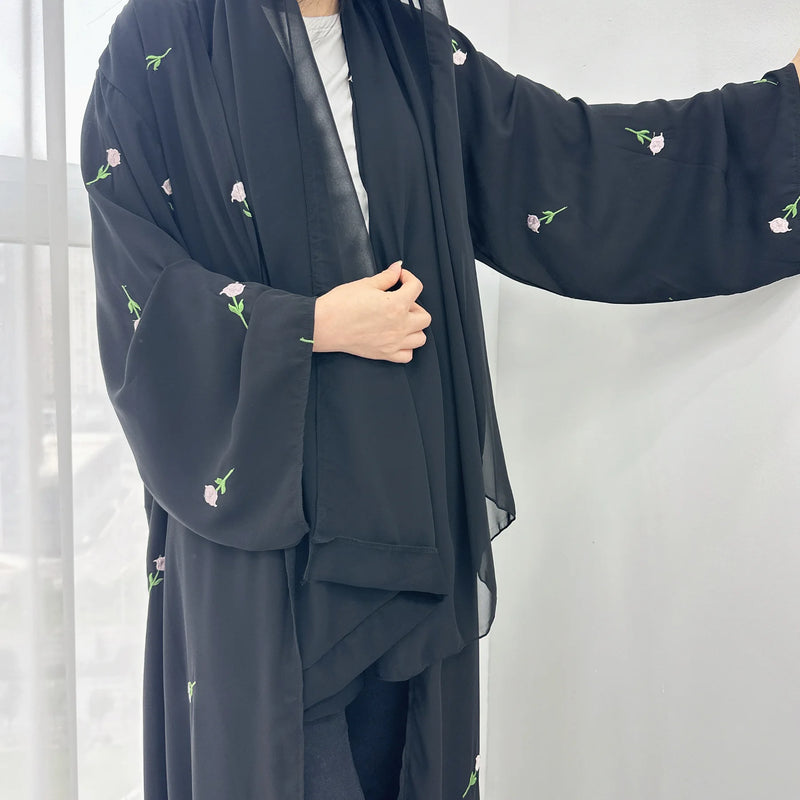 New Black Embroidered Kimono Abaya