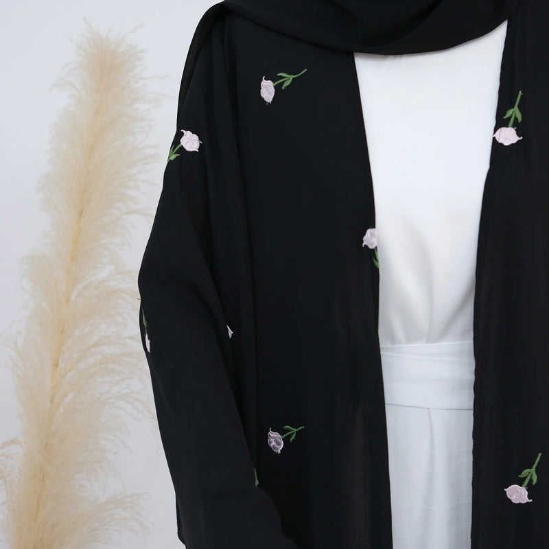 New Black Embroidered Kimono Abaya