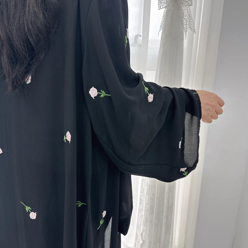 New Black Embroidered Kimono Abaya