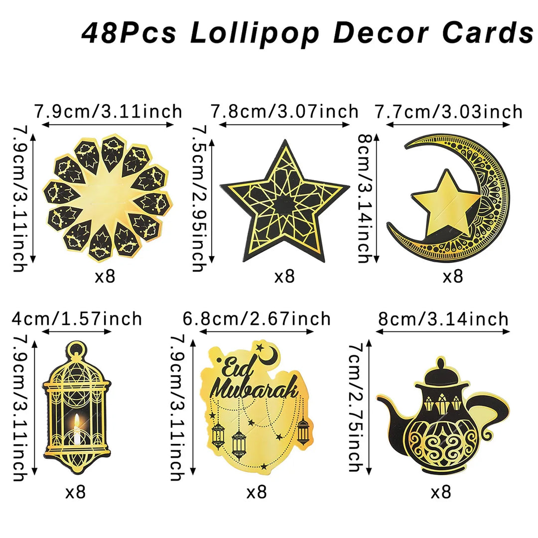 48pcs Eid Mubarak Lollipop Decor Cards
