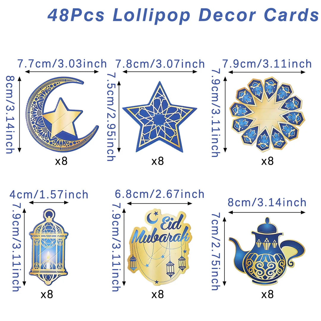 48pcs Eid Mubarak Lollipop Decor Cards