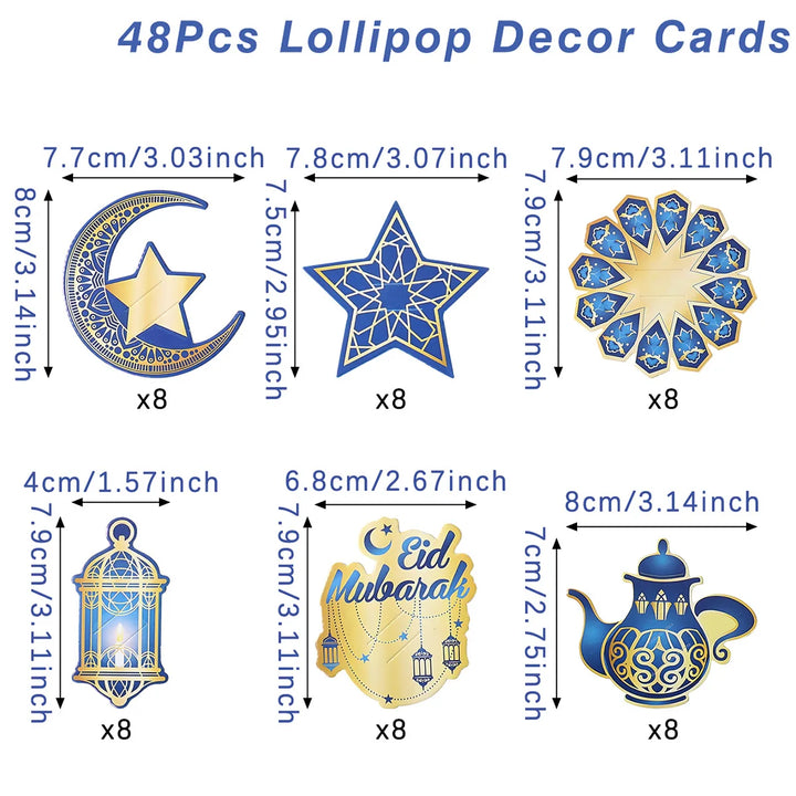 48pcs Eid Mubarak Lollipop Decor Cards