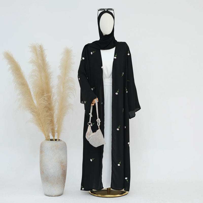 New Black Embroidered Kimono Abaya