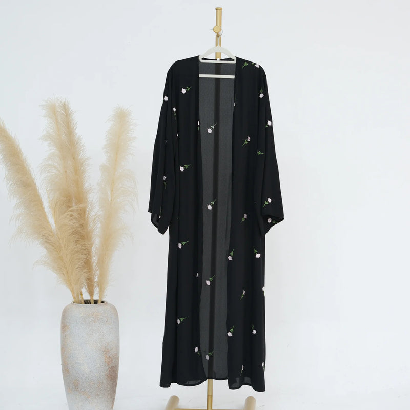 New Black Embroidered Kimono Abaya